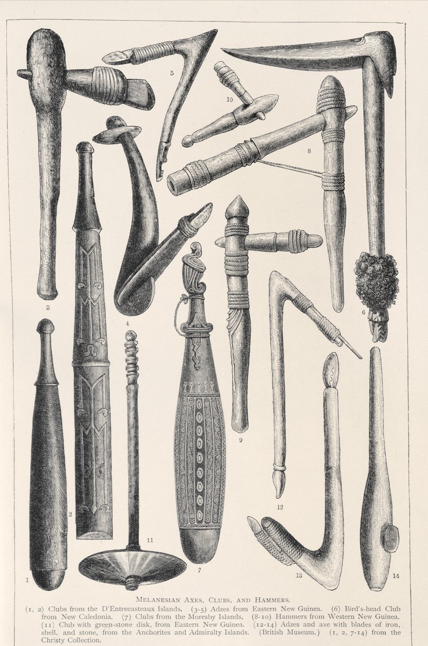Melanéz balták, ütők és kalapácsok, az Emberiség története, 1. kötetből, Friedrich Ratzel professzor, 1896 alkotó: English School
