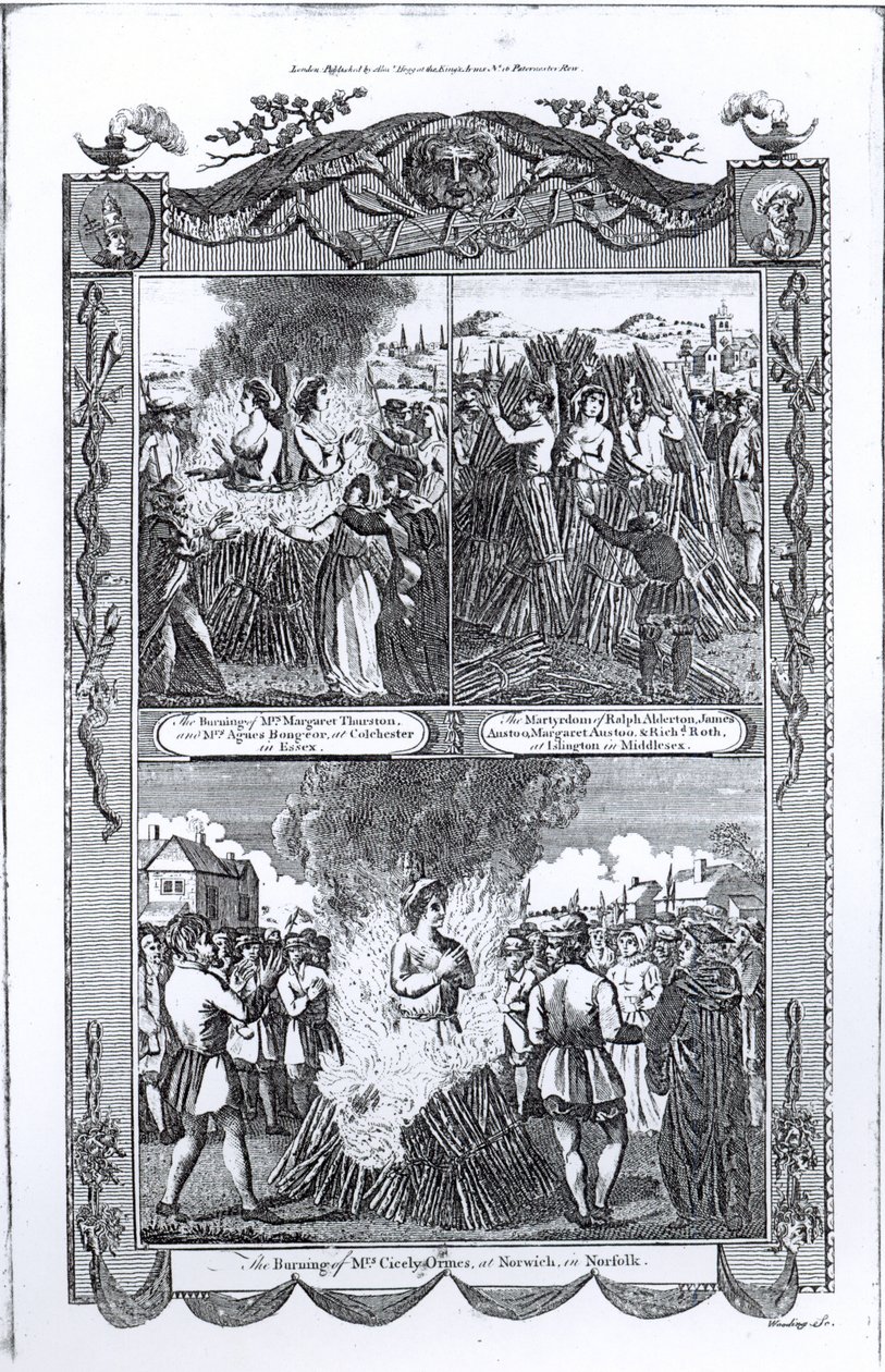 Férfiakat és nőket égettek máglyán 1557-ben, John Foxe (1516-87) „Acts and Monuments” című könyvéből. alkotó: English School