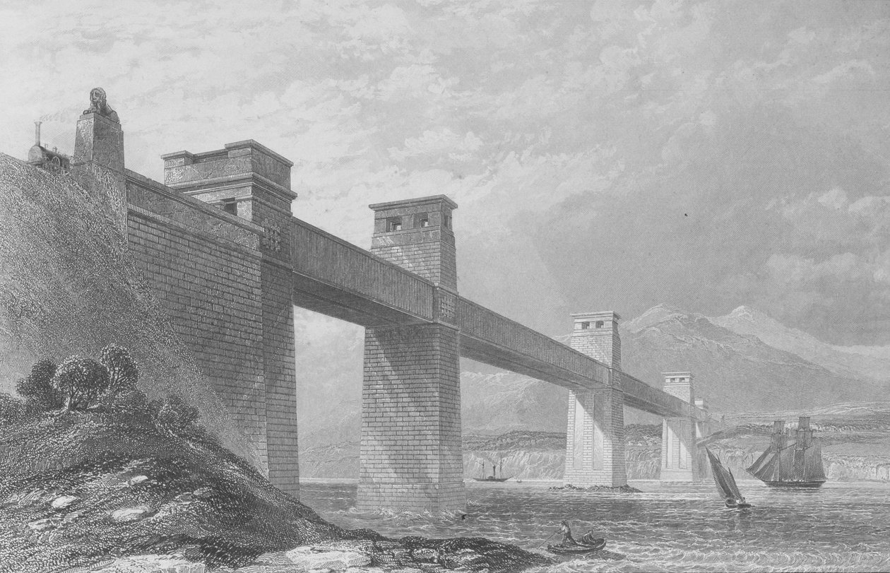Menai Straits, Wales – A Britannia csöves vasúti híd a „Cyclopaedia of Useful Arts und Manufactures”-ból, Charles Tomlinson szerkesztette, 1880-as évek alkotó: English School