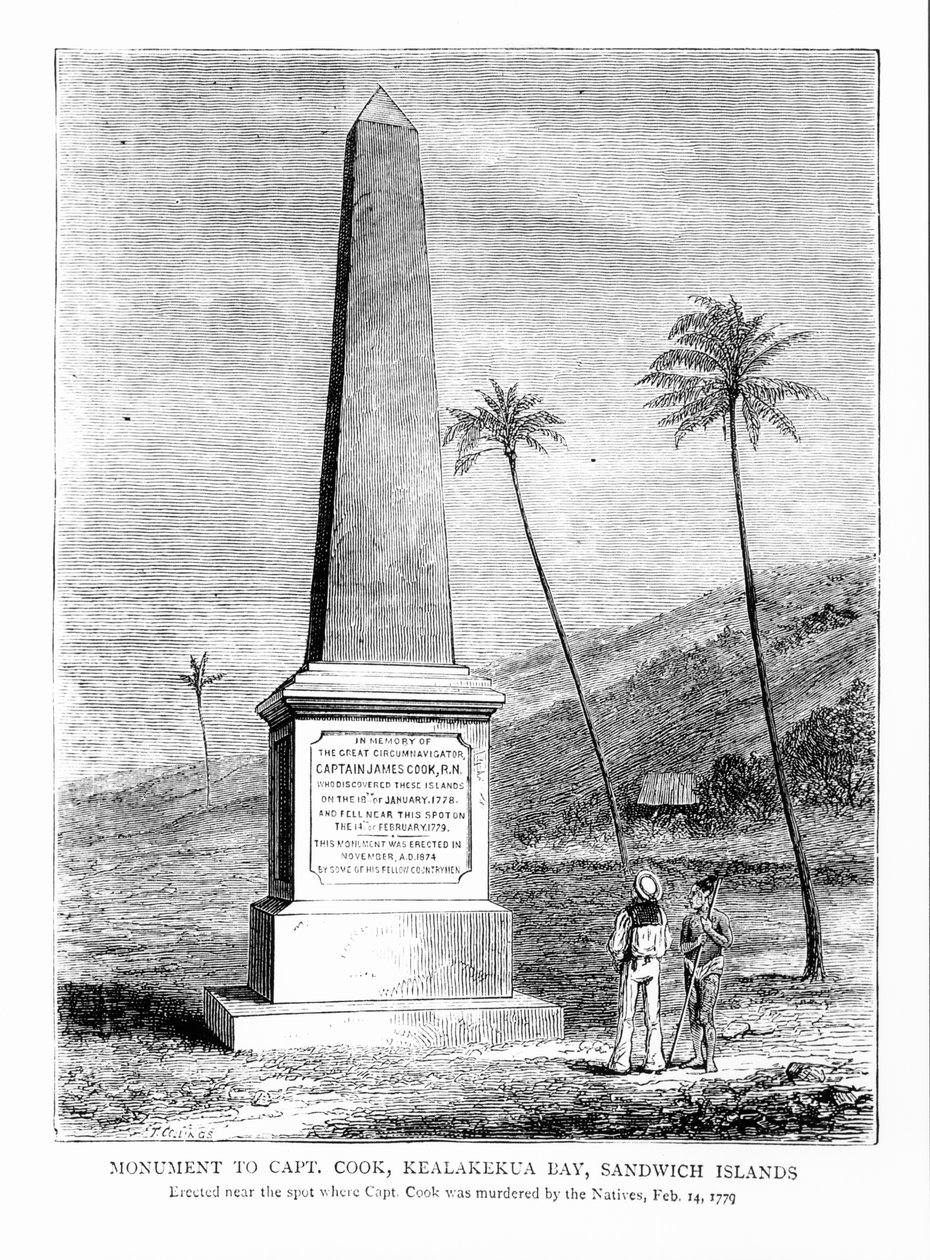 James Cook kapitány (1728-79) emlékműve, Kealakekua-öböl, Sandwich-szigetek alkotó: English School