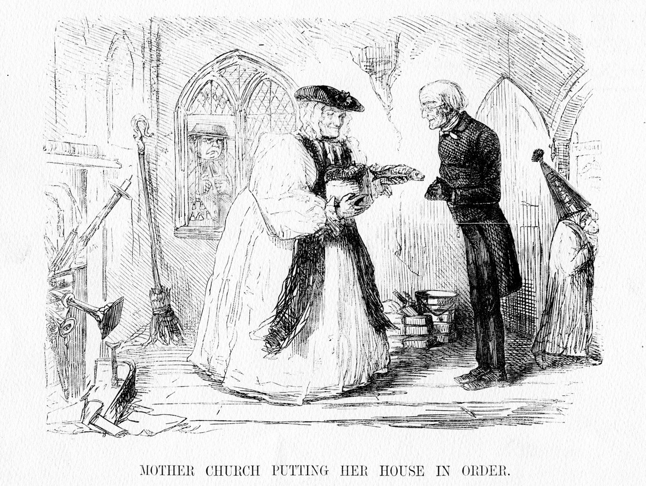 Anyatemplom rendet tesz a házában, rajzfilm a "Punch"-ból, 1850 alkotó: English School