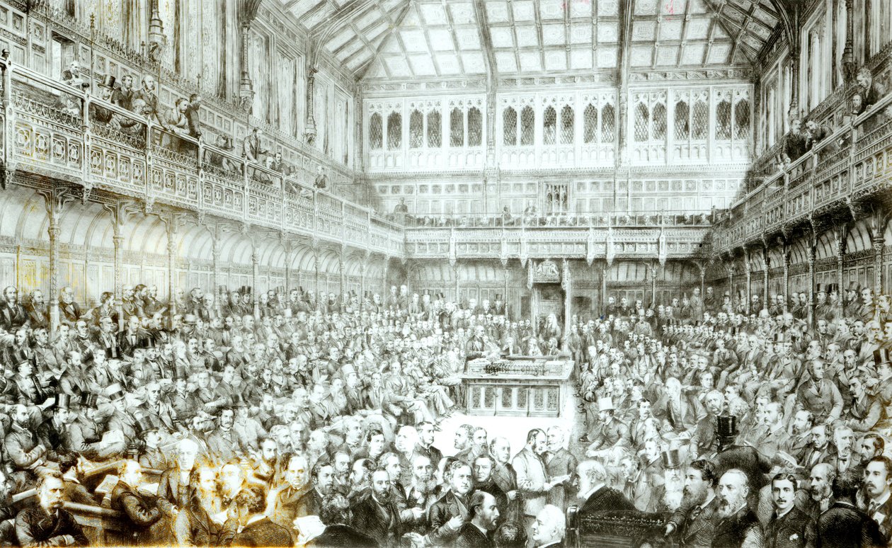 Gladstone úr bemutatja a földtörvényt (Írország), 1881. április 7 alkotó: English School