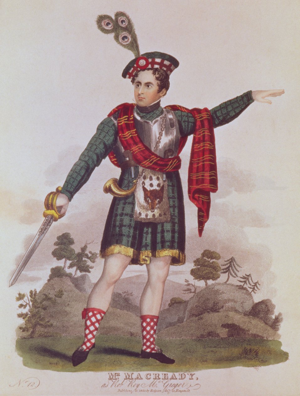 Mr. Macready Rob Roy Macgregor szerepében Sir Walter Scott „Rob Roy” című regényének dramatizálásából, pub. 1823 alkotó: English School