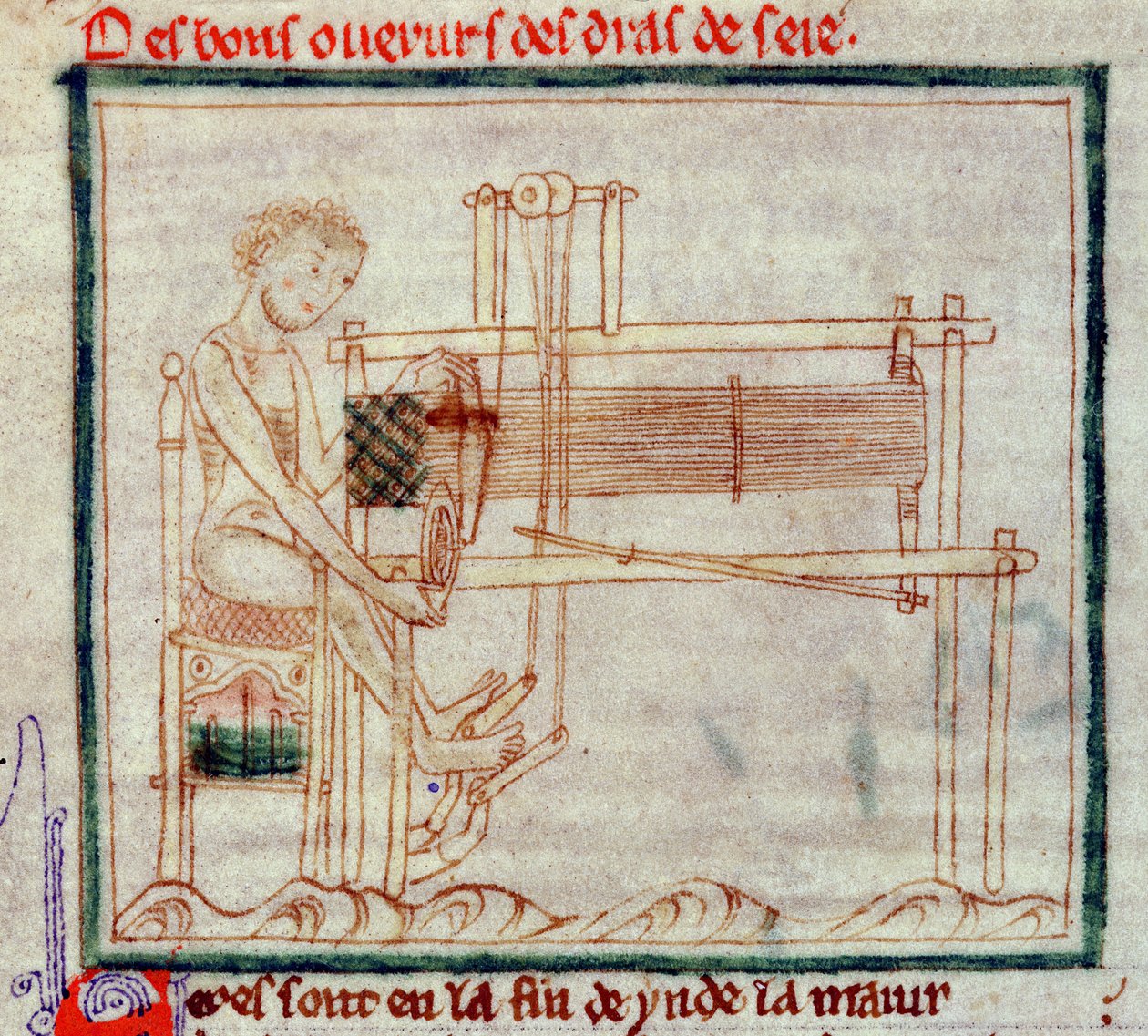 Ms 0.9.34 fol.32v Treadle Loom, Alexander Romance, 1250 alkotó: English School