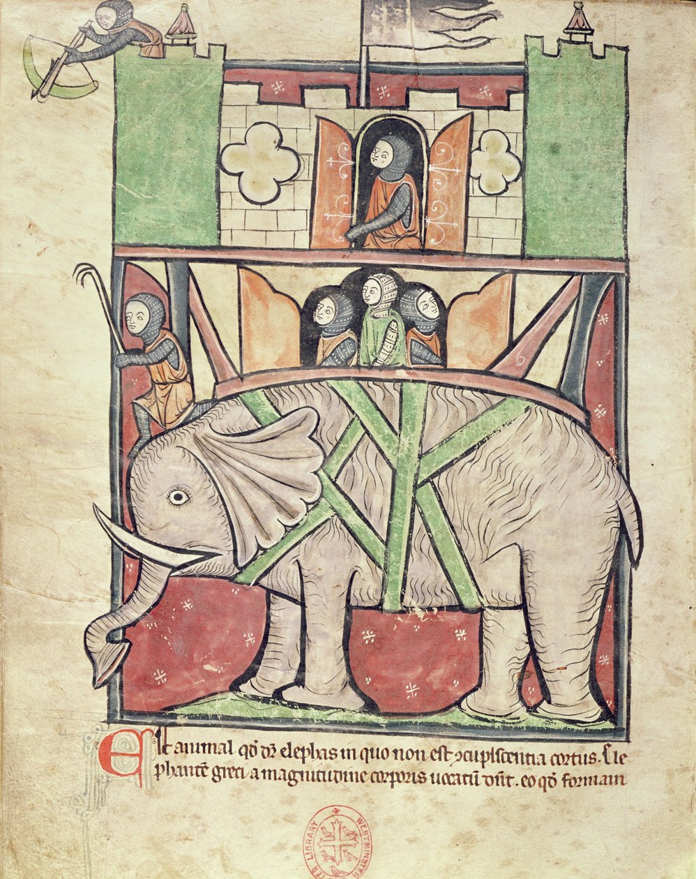 Ms 22 f.26v Elefánt, aki katonákkal teli howdah-t cipel, a Westminster Abbey Bestiáriumból, 1270-90 körül alkotó: English School
