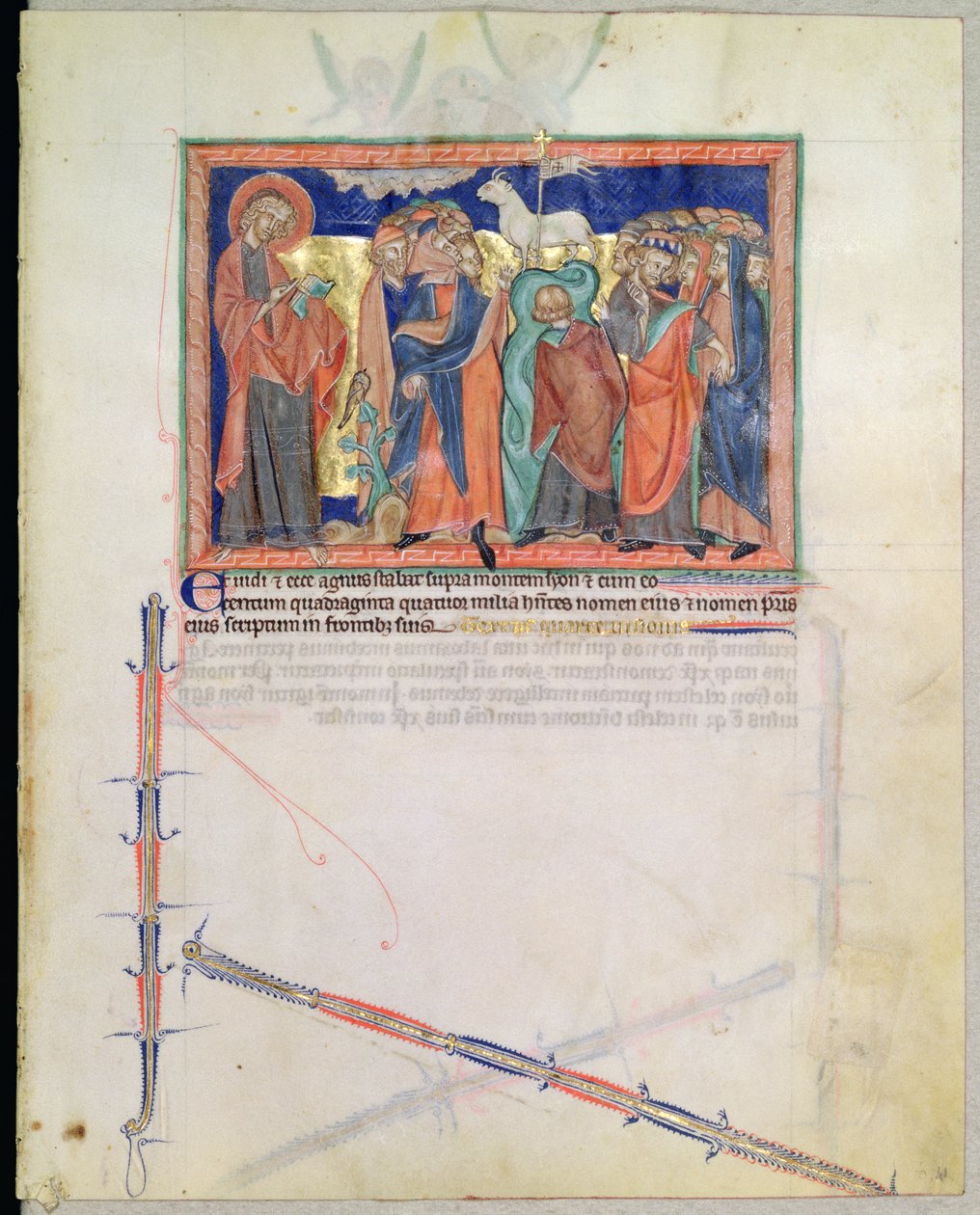 Ms L.A. 139-Lisboa fol.41 Szent János evangélista, aki száznegyvennégyezer embert néz a Bárány imádatában a Sion hegyén, a Gulbenkian Apokalipszisből, 1265-70 alkotó: English School