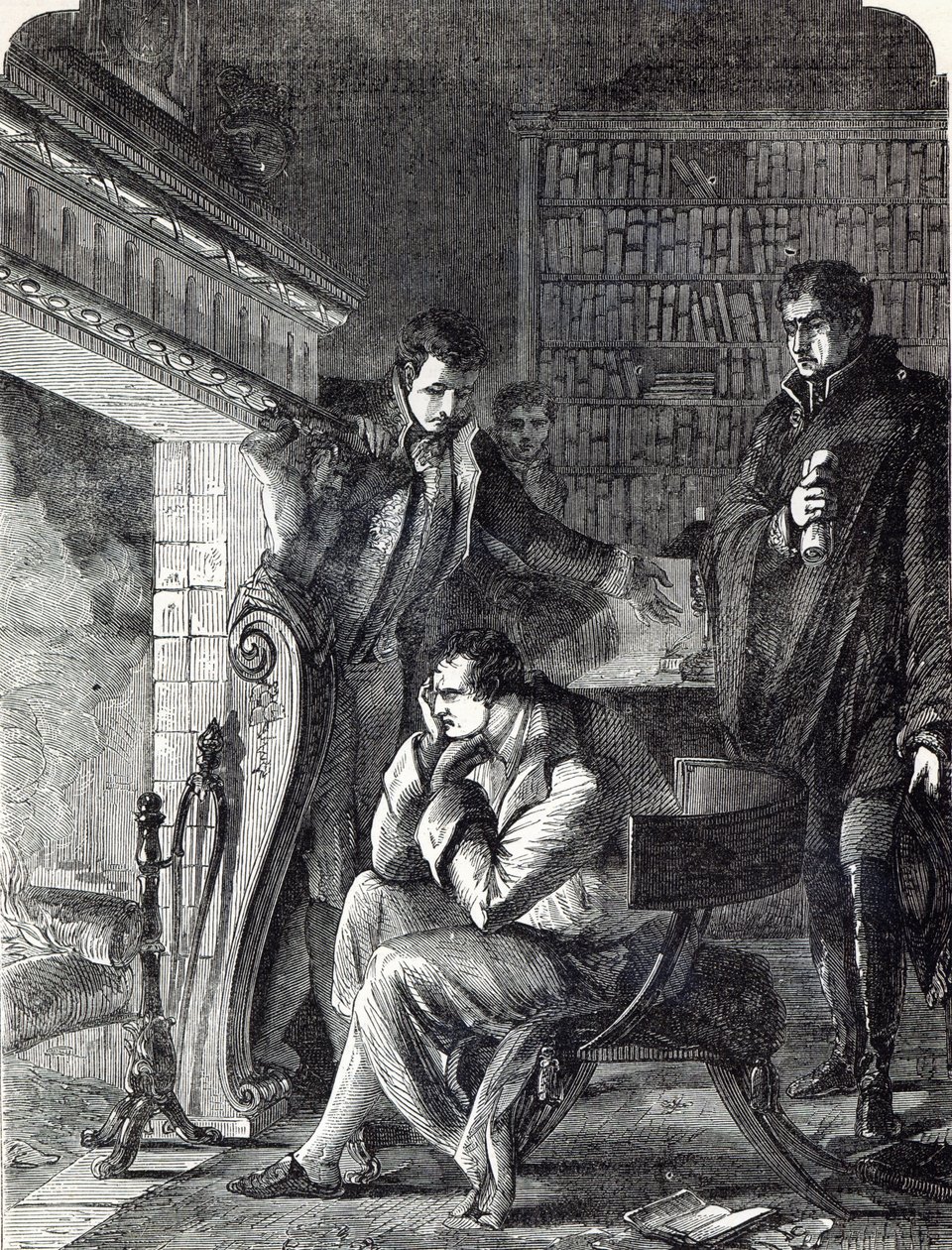 Napóleon a tűz mellett merengett lemondása és Fontainebleau-ból való távozása előtti este, 1814. április 20-án alkotó: English School