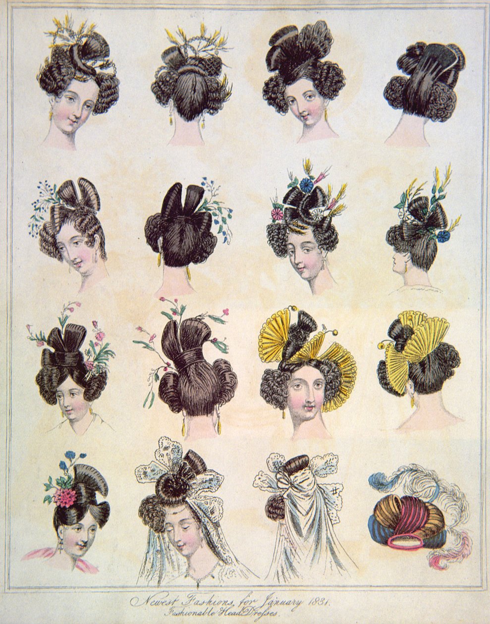 Legújabb divat 1831 januárjában, Divatos fejruhák a The World of Fashion VIII. kötetéből és a Continental Fenilletons, pub. 1831 alkotó: English School