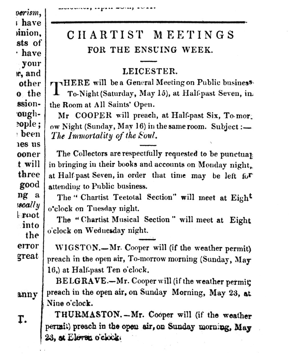 Értesítések a „Midland Counties Illuminator”-ban tartott chartista összejövetelekről, 1841. május 15. alkotó: English School