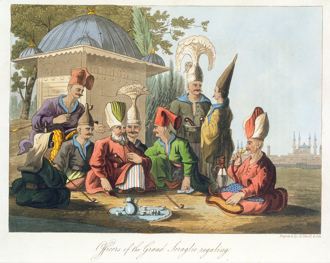 A Grand Seraglio Regaling tisztjei, metszett Robert Havell and Sons, 1816 körül alkotó: English School