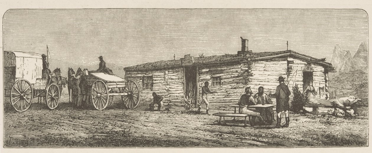 Old Post Station on the Prairie, Denver közelében, 1870 körül, az "American Pictures"-ből, kiadta a The Religious Tract Society, 1876 alkotó: English School