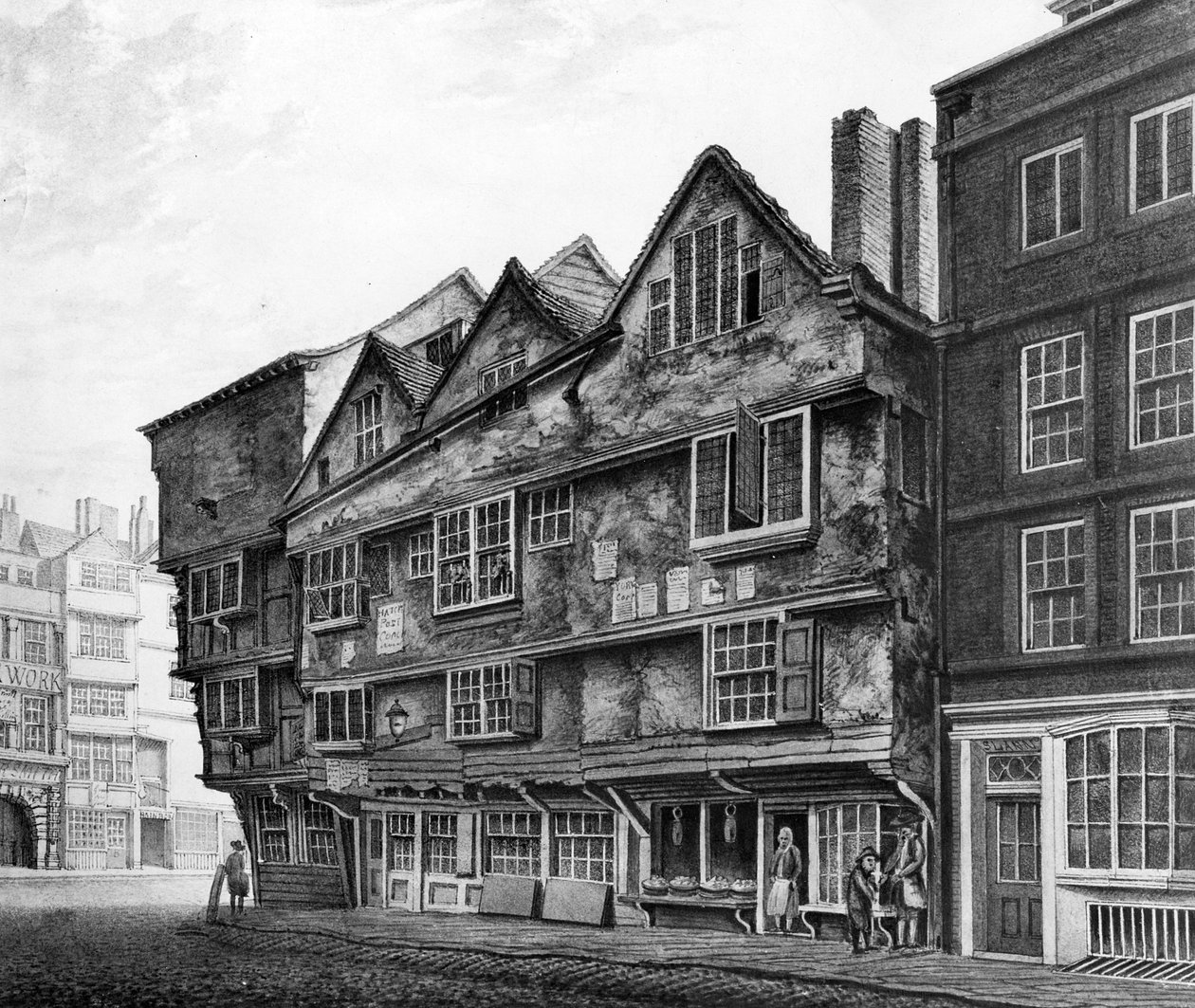 Régi házak és kirakatok a Chancery Lane-en, London, 1798 alkotó: English School