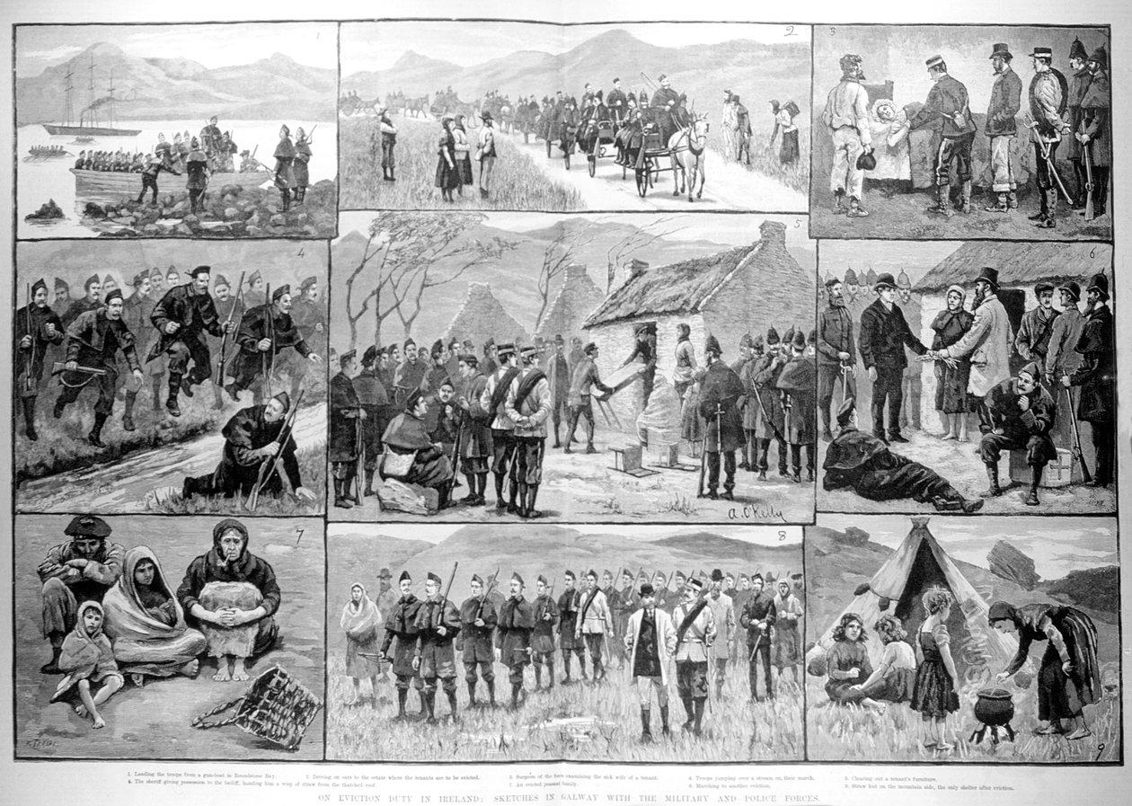 A kilakoltatási vámról Írországban: Galway-i vázlatok a katonai és rendőri erőkkel, a „The Illustrated London News”-ból, 1886. január 5. alkotó: English School