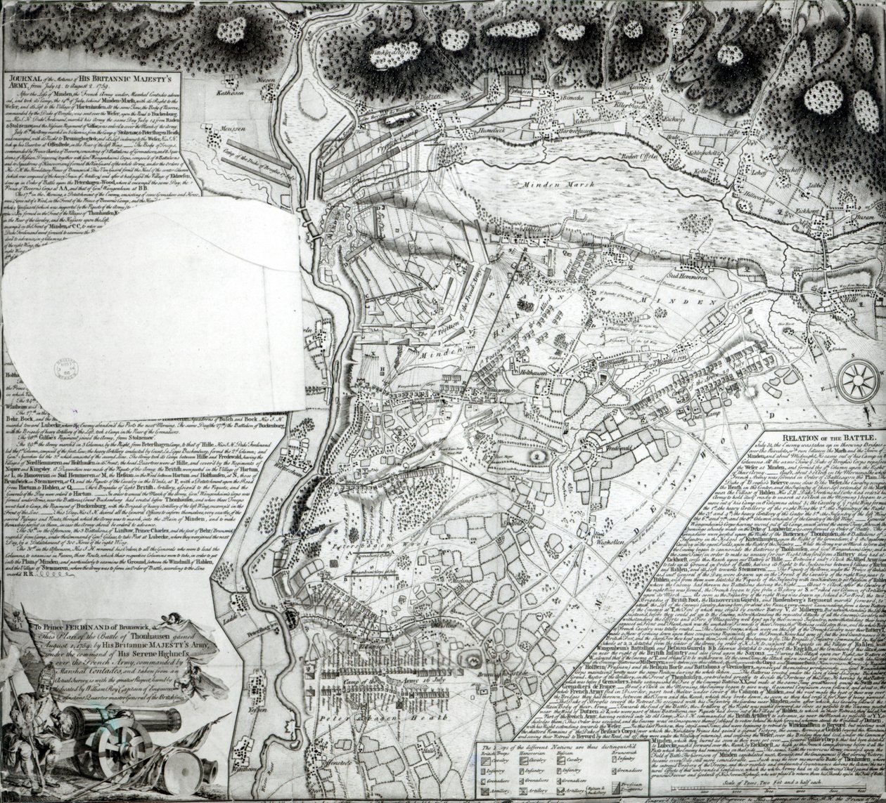 A mindeni csata terve, William Roy kapitány rajzolta és Thomas Major metszet, 1760 alkotó: English School
