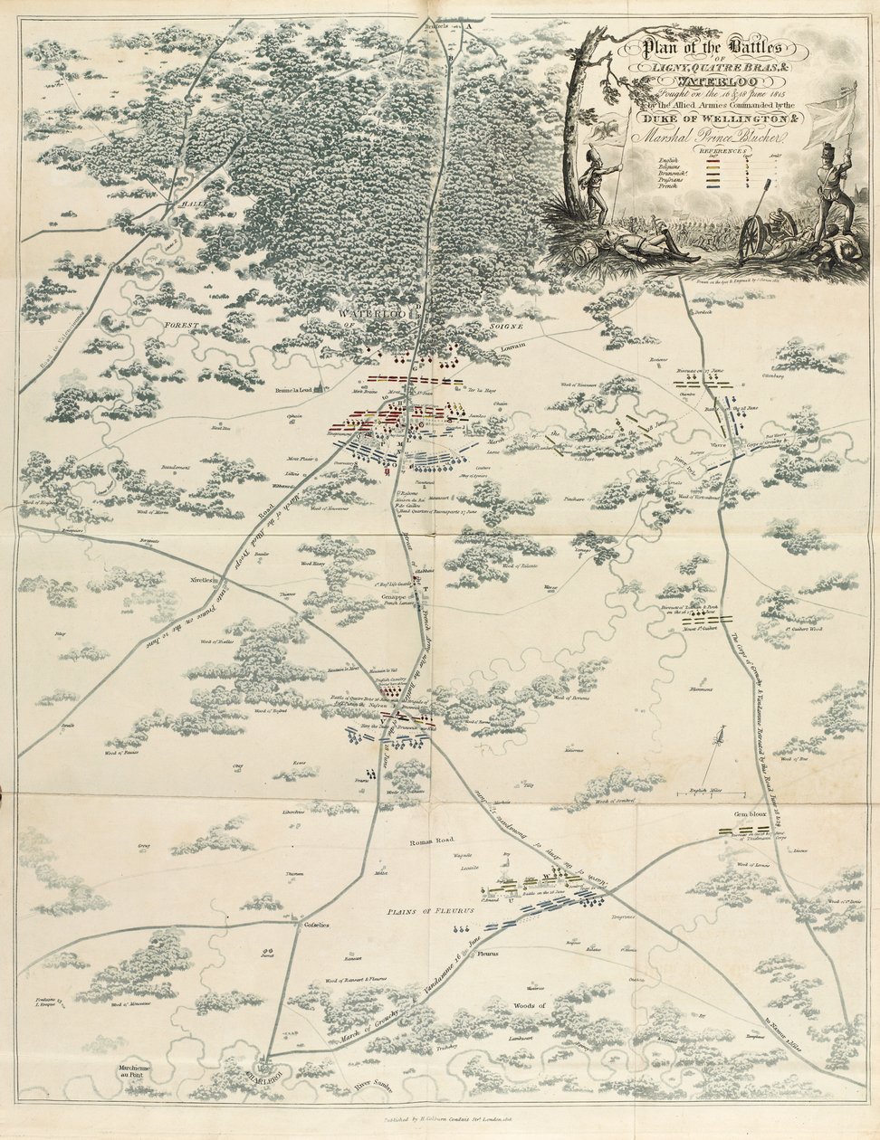A Wellington hercege és Blücher marsall marsall által 1815. június 16-án és 18-án vívott ligny-i, quatre brasi és waterloo-i csaták terve az „An Historical Account”-ból alkotó: English School