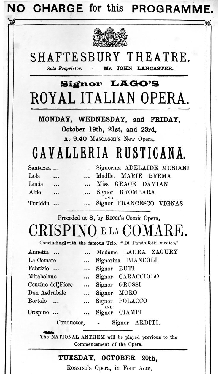 A „Cavalleria Rusticana” és a „Crispino e la Comare” című előadást reklámozó számla a Shaftesbury Theatre-ben, 1891 (nyomtatott papír) alkotó: English School
