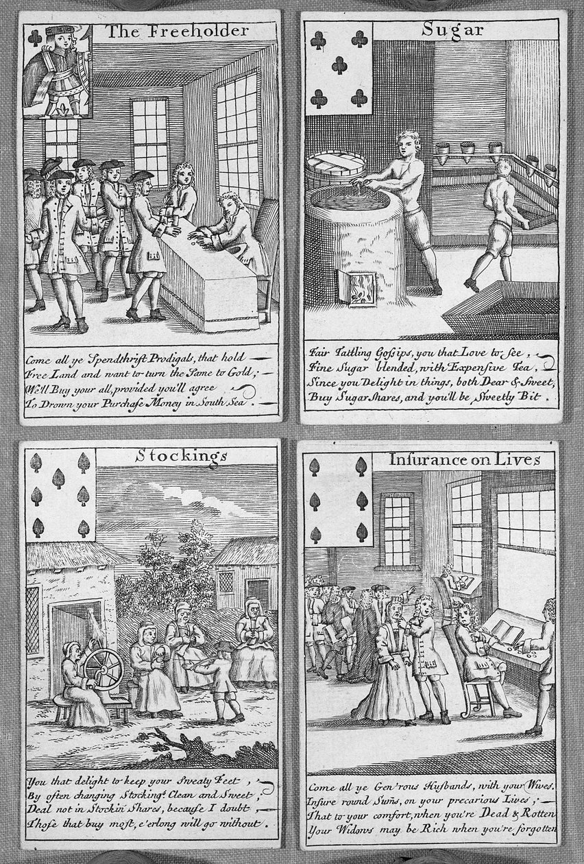 Aktuális kereskedelmi vállalkozásokat ábrázoló játékkártyák, 1720 körül (nyomtatott) alkotó: English School