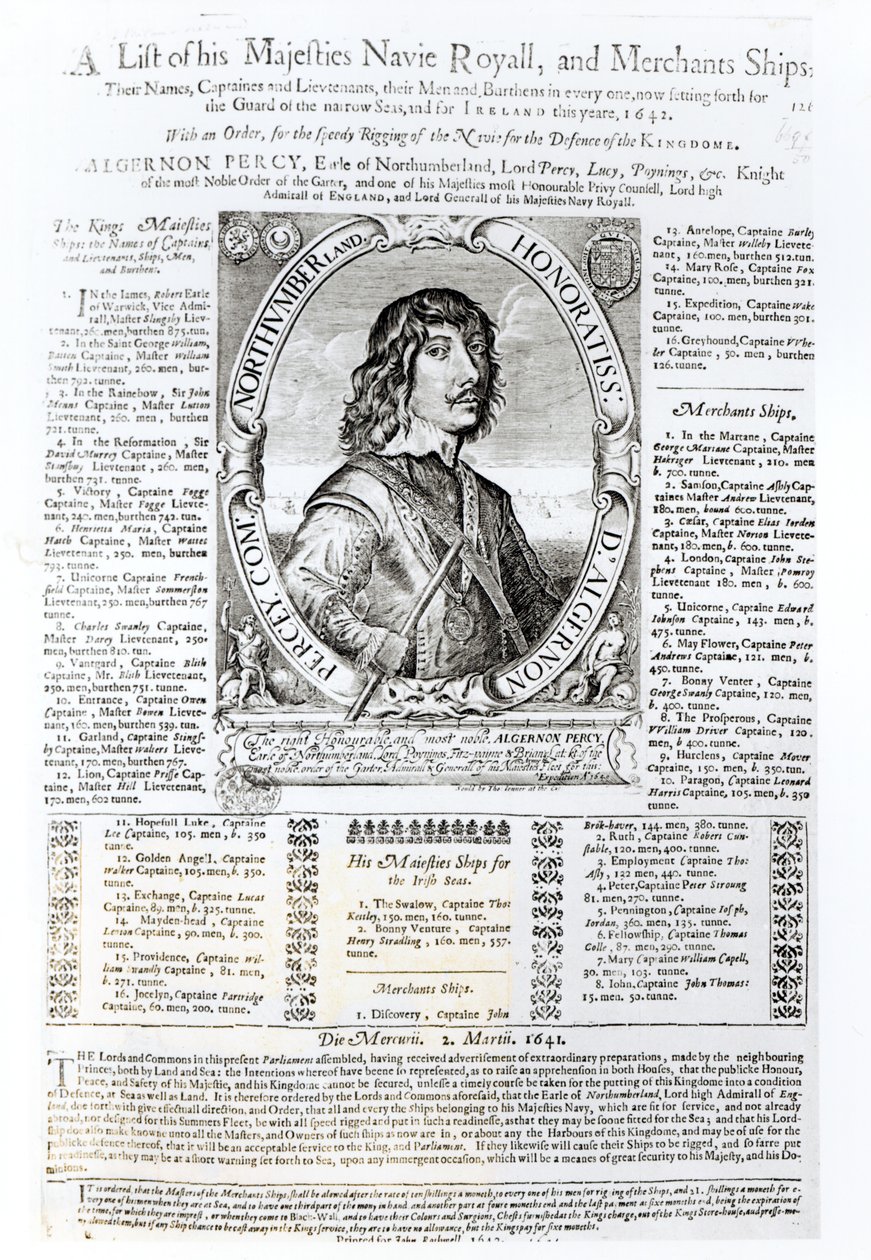 Algernon Percy, Northumberland tizedik grófja (1602-68) portréja, az őfelsége királyi haditengerészetének névsorával együtt, 1642 alkotó: English School