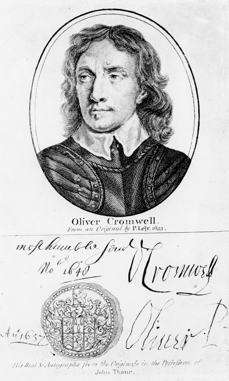 Oliver Cromwell (1599-1658) portréja Peter Lely 1653-as eredetijéből, pecsétje és autogramjai alkotó: English School