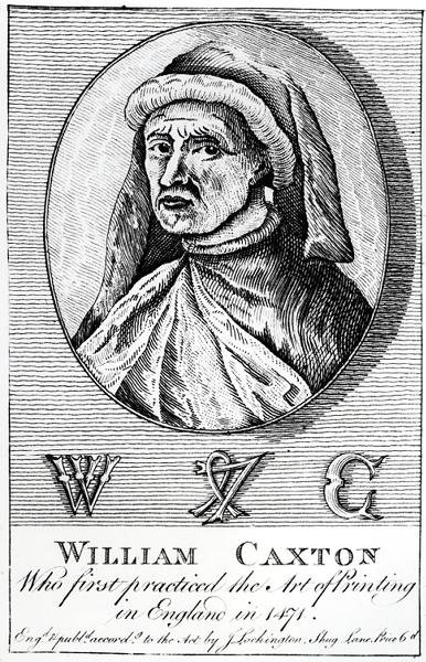 William Caxton (kb. 1422-1491) és nyomdászjegye portréja alkotó: English School