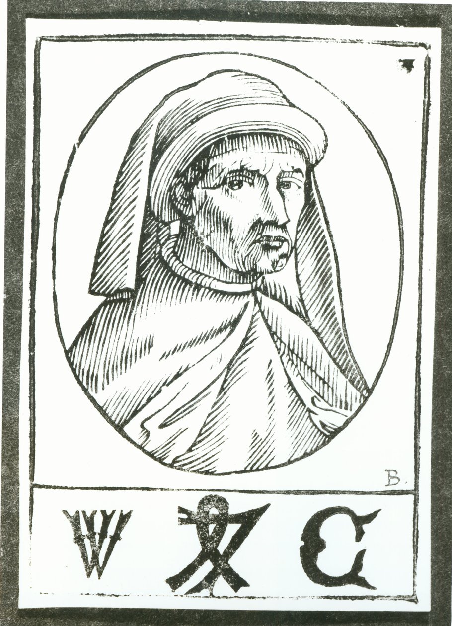 William Caxton (kb.1422-91) és nyomdászjegye portréja alkotó: English School
