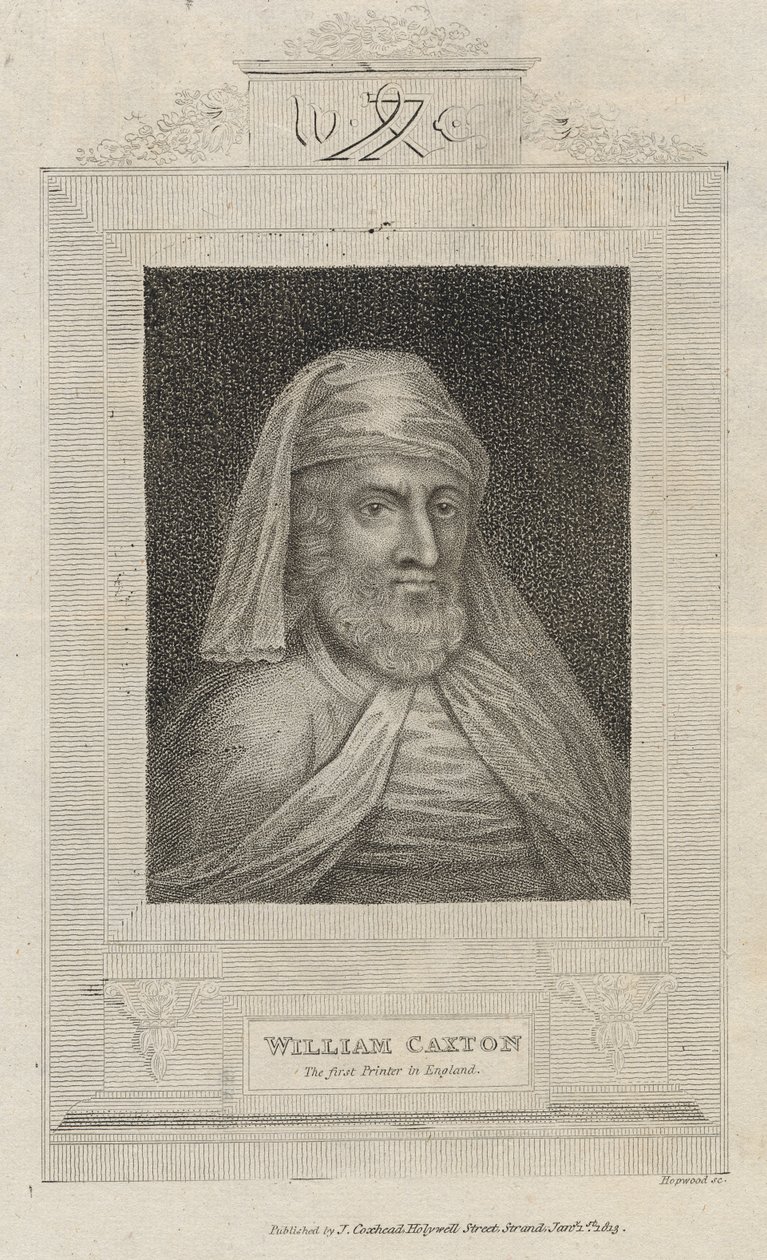 William Caxton (kb.1422-91) portréja és nyomdászjegye alkotó: English School