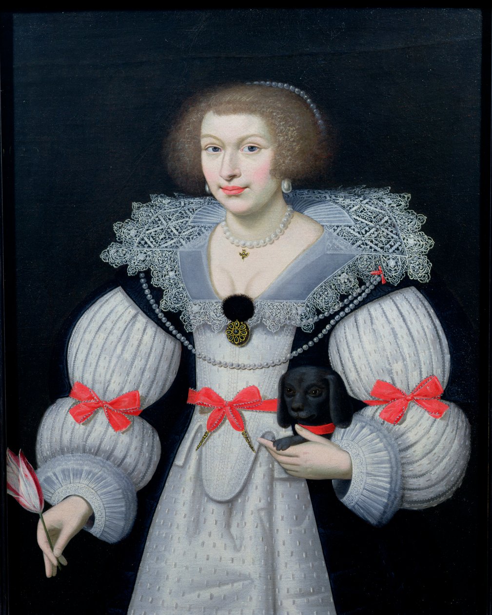 Kutyát és tulipánt tartó hölgy portréja, 1620 körül alkotó: English School