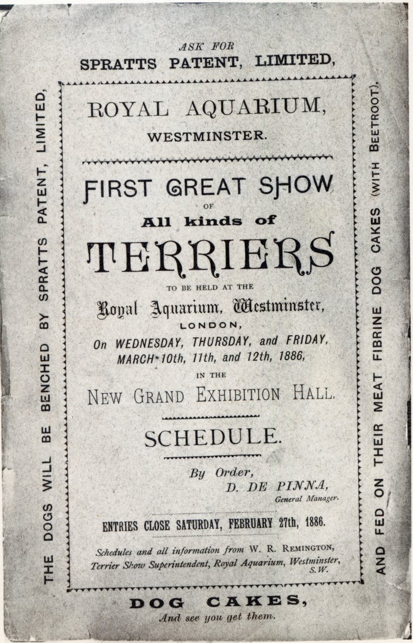 Az Allied Terrier Club Show-t reklámozó plakát a Westminster-i Királyi Akváriumban 1886-ban alkotó: English School