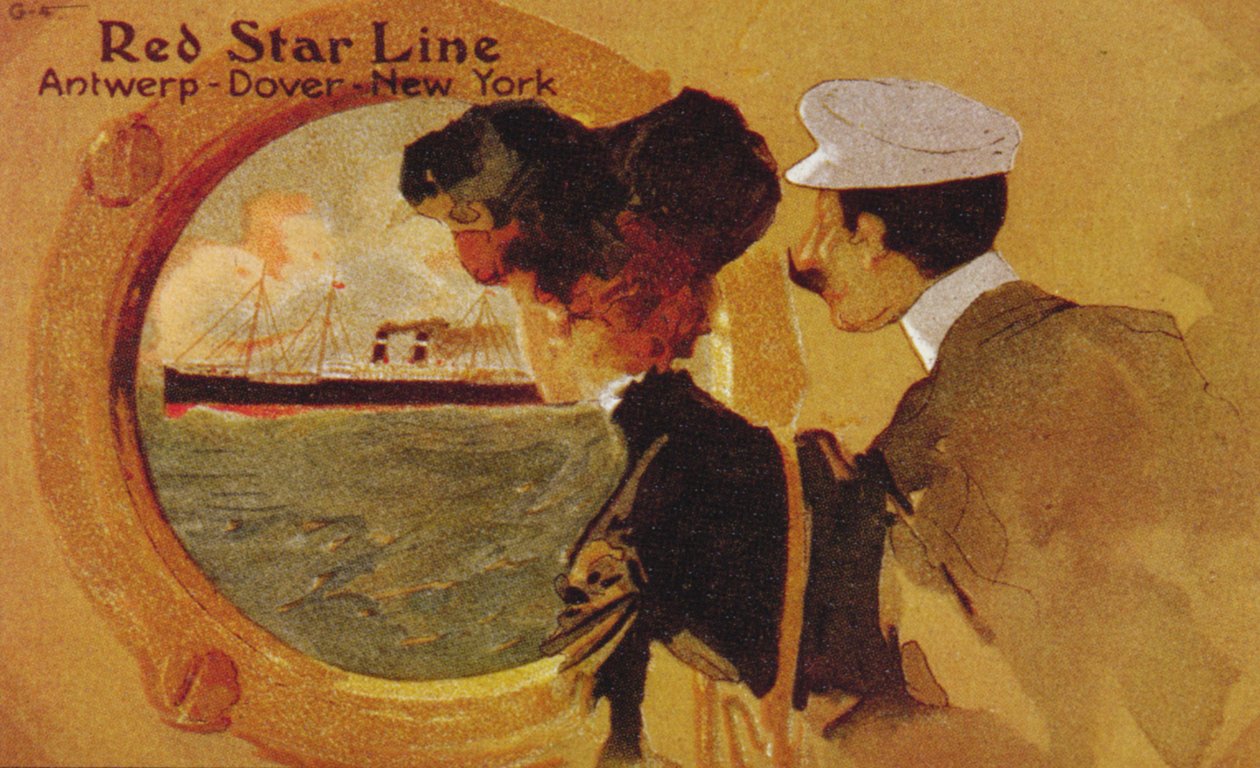 Az Antwerpenből New Yorkba tartó „Red Star Line”-t hirdető plakát Doveren keresztül alkotó: English School