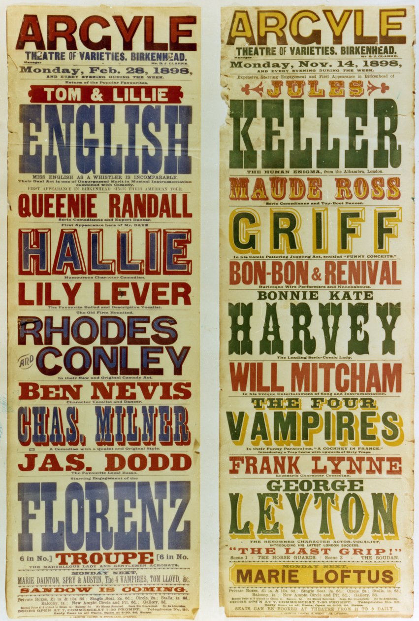 Plakátok az Argyle Theatre of Varieties számára, Birkenhead, 1898 alkotó: English School