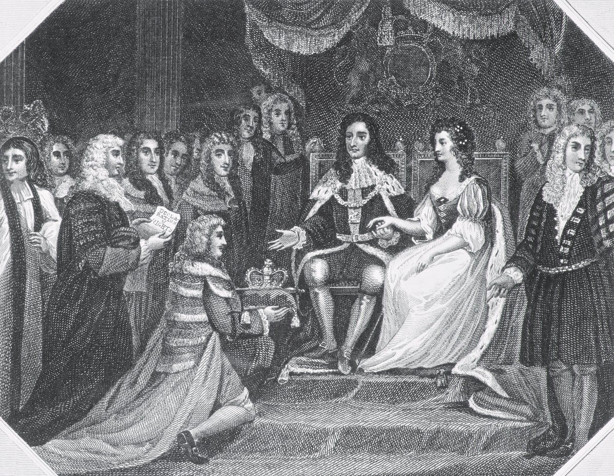 A Bill of Rights bemutatása III. Vilmosnak (1650-1702) Orange and Mary II (1662-94) alkotó: English School