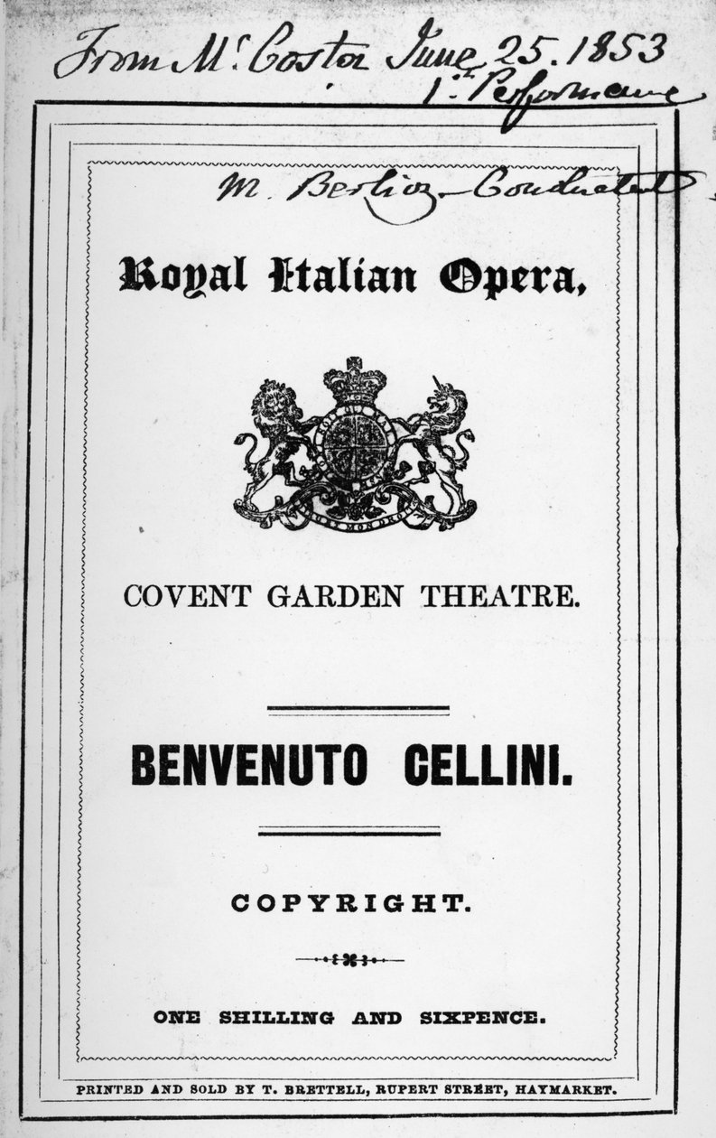 Műsor Berlioz „Benvenuto Cellini” című operájához, amelyet 1853-ban adtak elő (nyomtatott papír) alkotó: English School