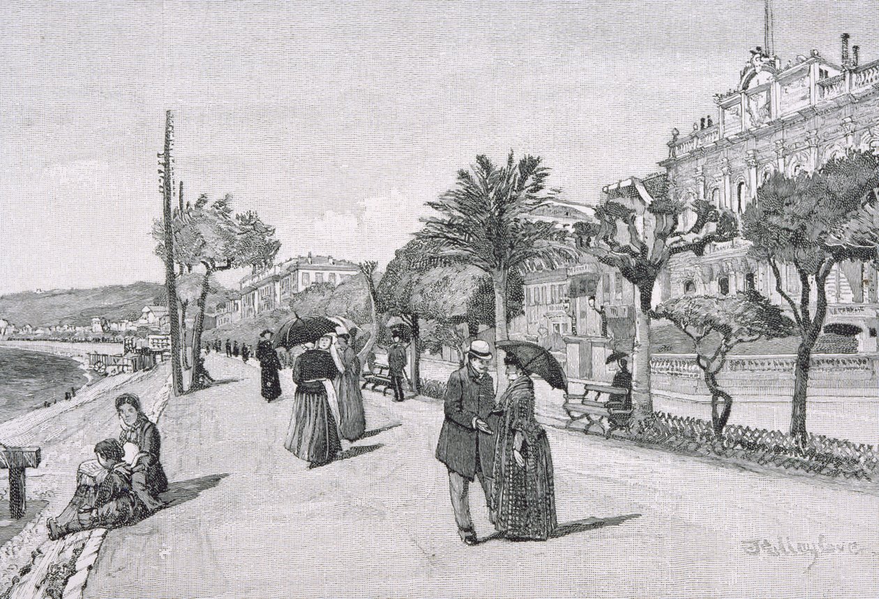 Promenade des Anglais, Nizza, Franciaország, „A festői mediterrán” 3. kötetéből, kiadó: Cassell and Co. Ltd., 1880-90-es évek alkotó: English School