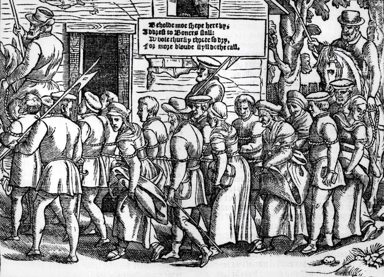 Protestánsok, kötéllel, Londonba vezették őket tárgyalásra, John Foxe (1516-87) „Cselekedetek és emlékművek” című könyvéből, 1563 alkotó: English School