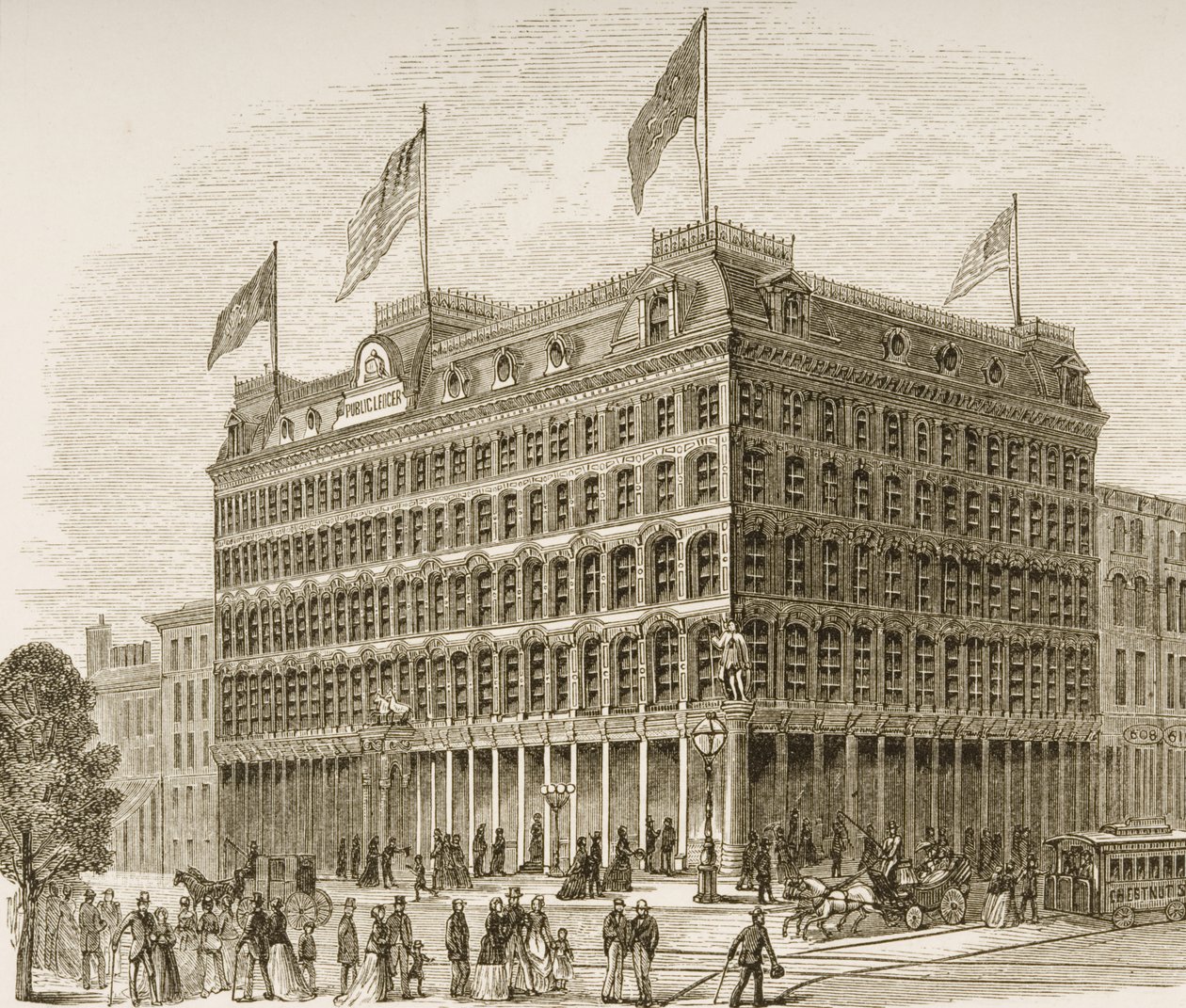 Public Ledger Building, Philadelphia, 1870 körül, a Religious Tract Society által kiadott „American Pictures”-ből, 1876 alkotó: English School