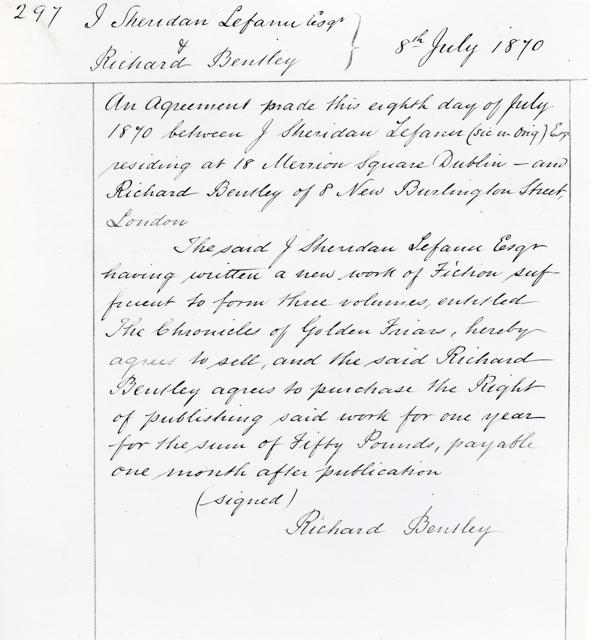 Kiadói szerződés Joseph Sheridan Le Fanu és Richard Bentley között a „The Chronicles of Golden Friars” című filmhez, 1870 (tintával papíron) alkotó: English School