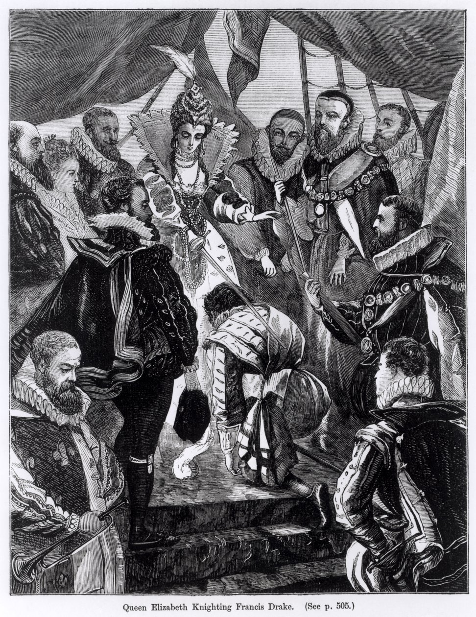 I. Erzsébet királynő (1530-1603) Francis Drake (kb. 1540-96) lovaggá ütötte 1581-ben alkotó: English School