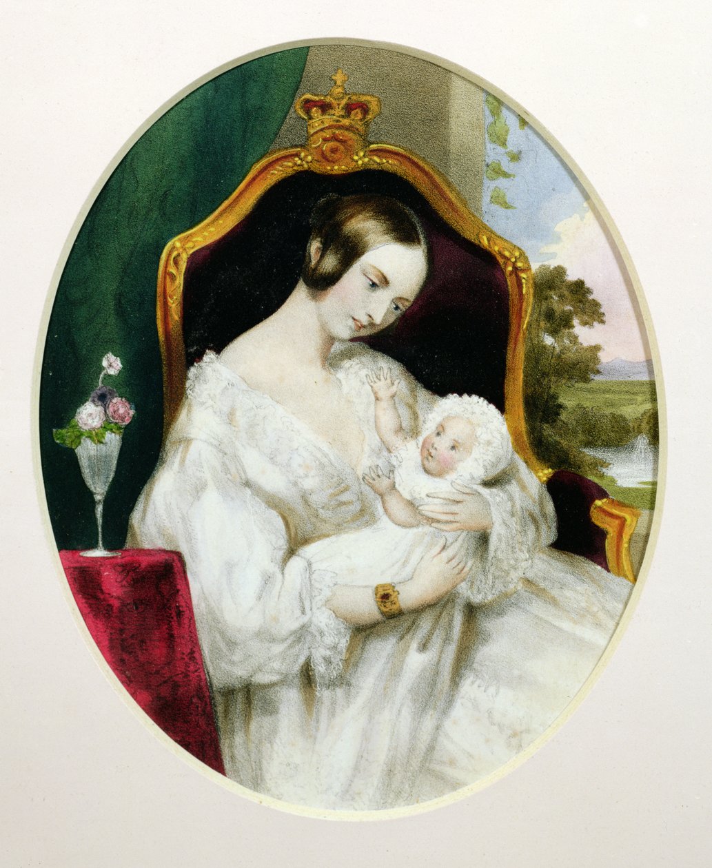 Viktória királynő (1819-1901) a királyi hercegnővel (1840-1901) kisbabaként (wc papíron) alkotó: English School
