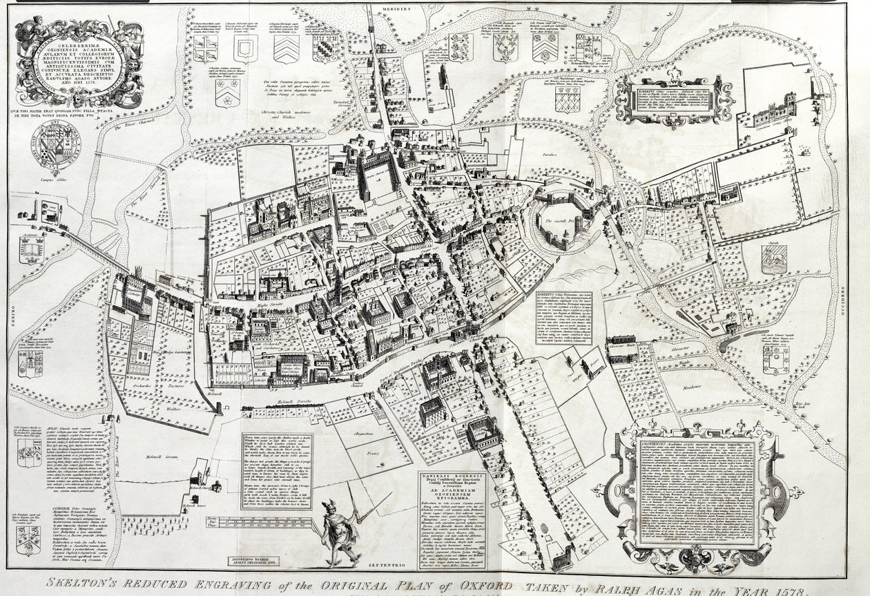 RSOS168, Oxonia antiqua restaurata frontispiece, Oxford madártávlati képe, Ralph vagy Radulph Agas (c.1540-1621) 1578-as eredeti kicsinyített változata, Joseph Skelton, Oxford, metszett W. alkotó: English School