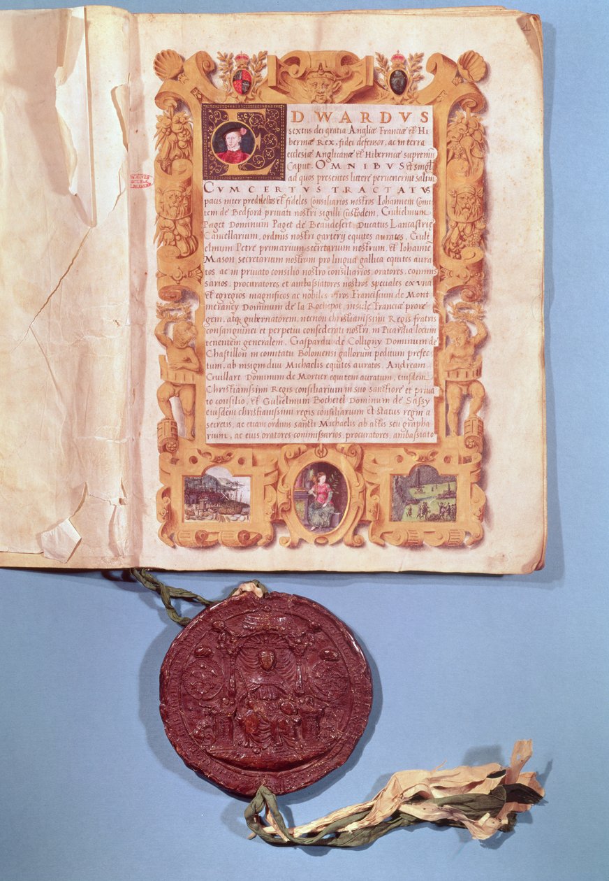 VI. Edward (1537-53) ratifikálta a Boulogne-i Szerződést, 1550. május 25. alkotó: English School