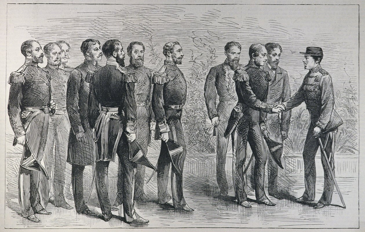 Brit haditengerészeti tisztek fogadása a japán Mikado által, a „The Illustrated London News”-ból, 1887. május 7. alkotó: English School