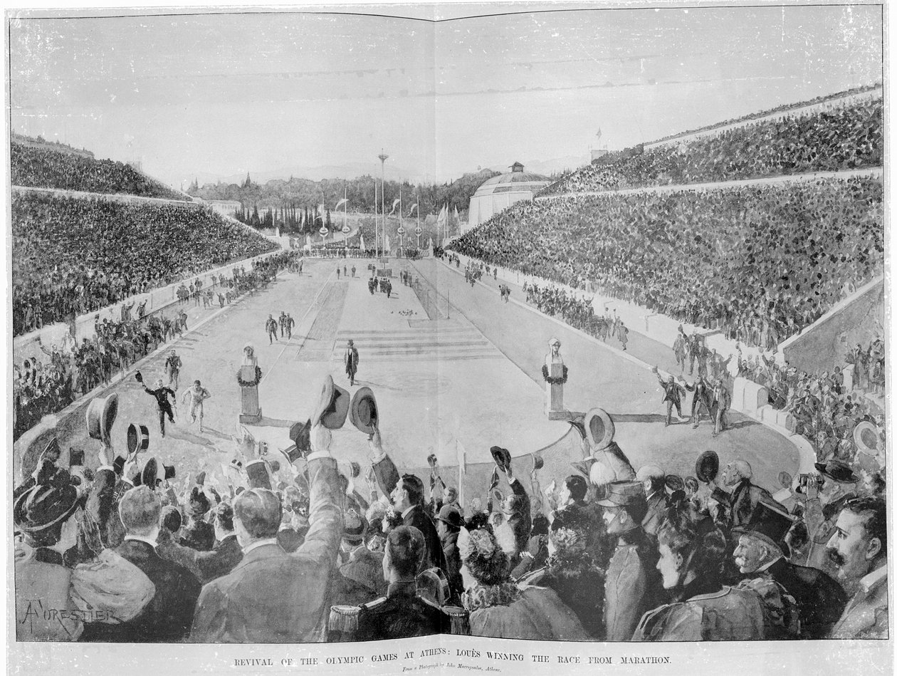 Az athéni olimpiai játékok újjáéledése: Loues megnyerte a versenyt maratonról, 1896. április 10. alkotó: English School