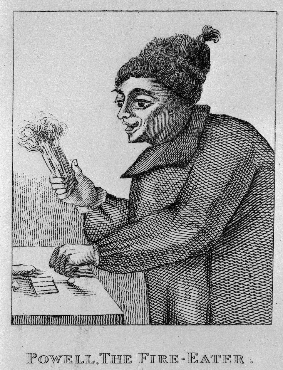 Robert Powell, The Fire Eater, a „London figyelemre méltó és különc karaktereinek portréi és arcai” című művéből, 1819-ben. alkotó: English School