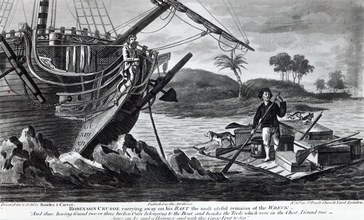Robinson Crusoe a tutaján hordja a roncs leghasznosabb maradványait alkotó: English School