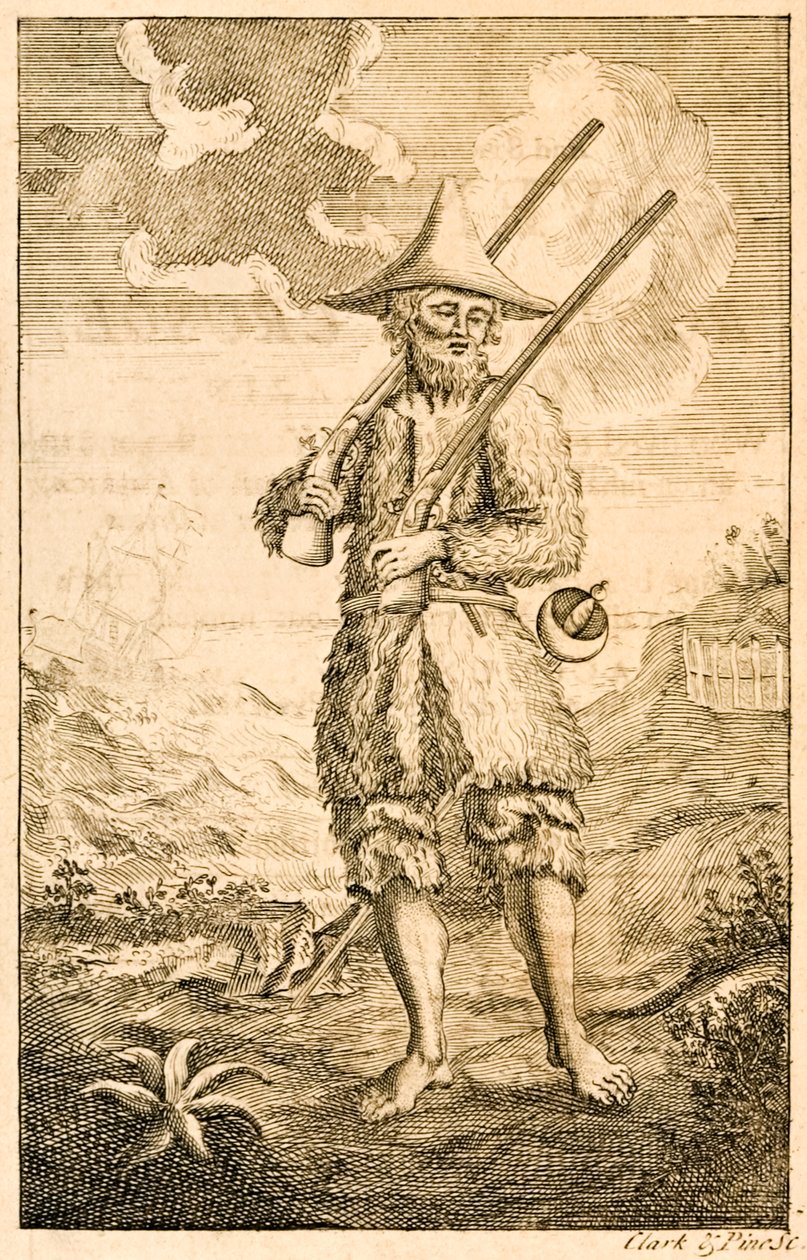 ?Robinson Crusoe? elülső illusztráció, amely az állítólagos szerző Crusoe-t mutatja a parton muskétákkal és karddal a Robinson Crusoe élete és furcsa meglepő kalandjai, vagy York, tengerészgyalogság alkotó: English School
