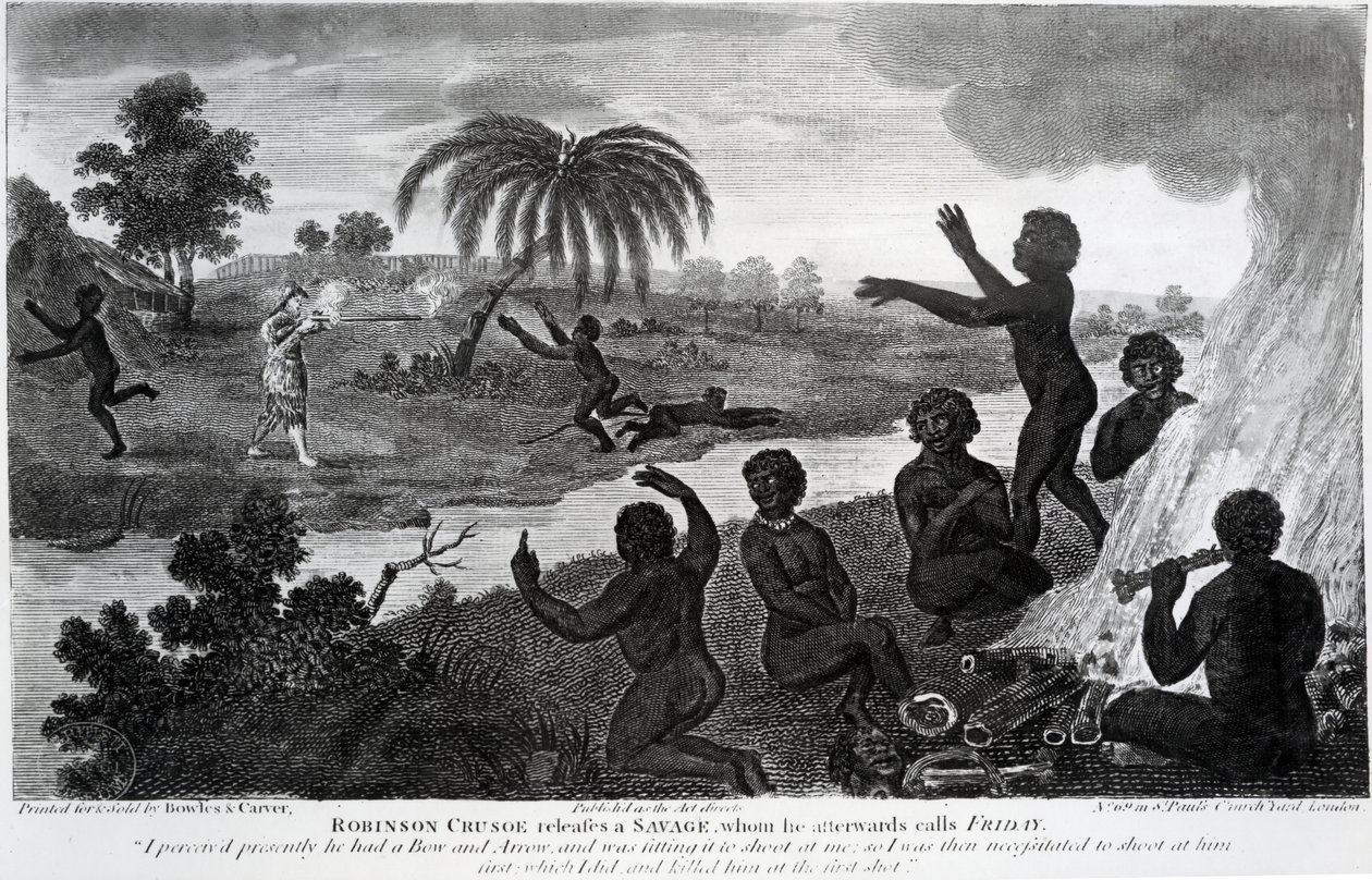 Robinson Crusoe kiad egy Vadembert, akit később pénteknek hív, illusztráció Daniel Defoe 1795-ben megjelent „Robinson Crusoe” című művéből. alkotó: English School