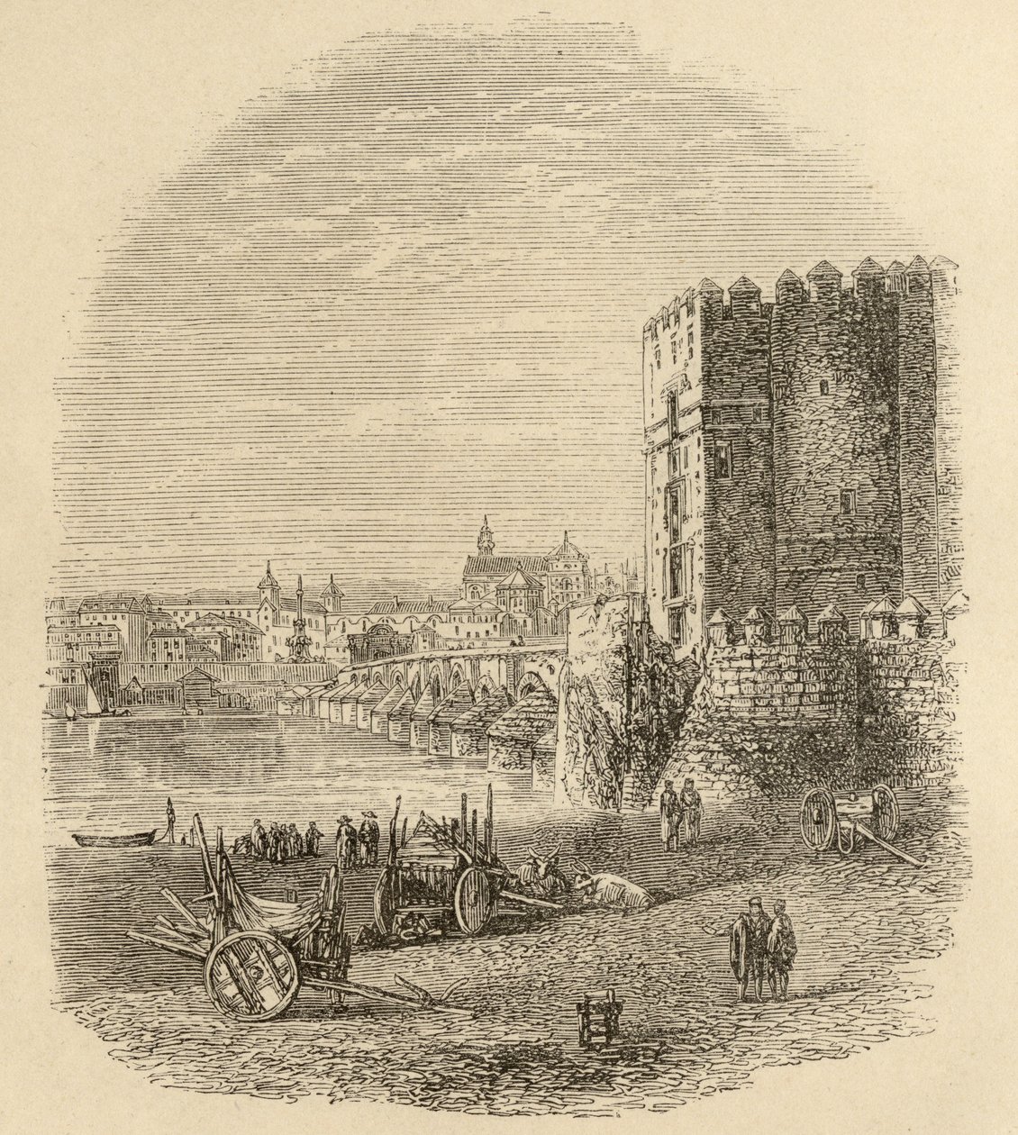 Római híd és Calahorra-torony, Cordoba, Samuel Manning tiszteletes illusztrációja a Spanyol képekből alkotó: English School