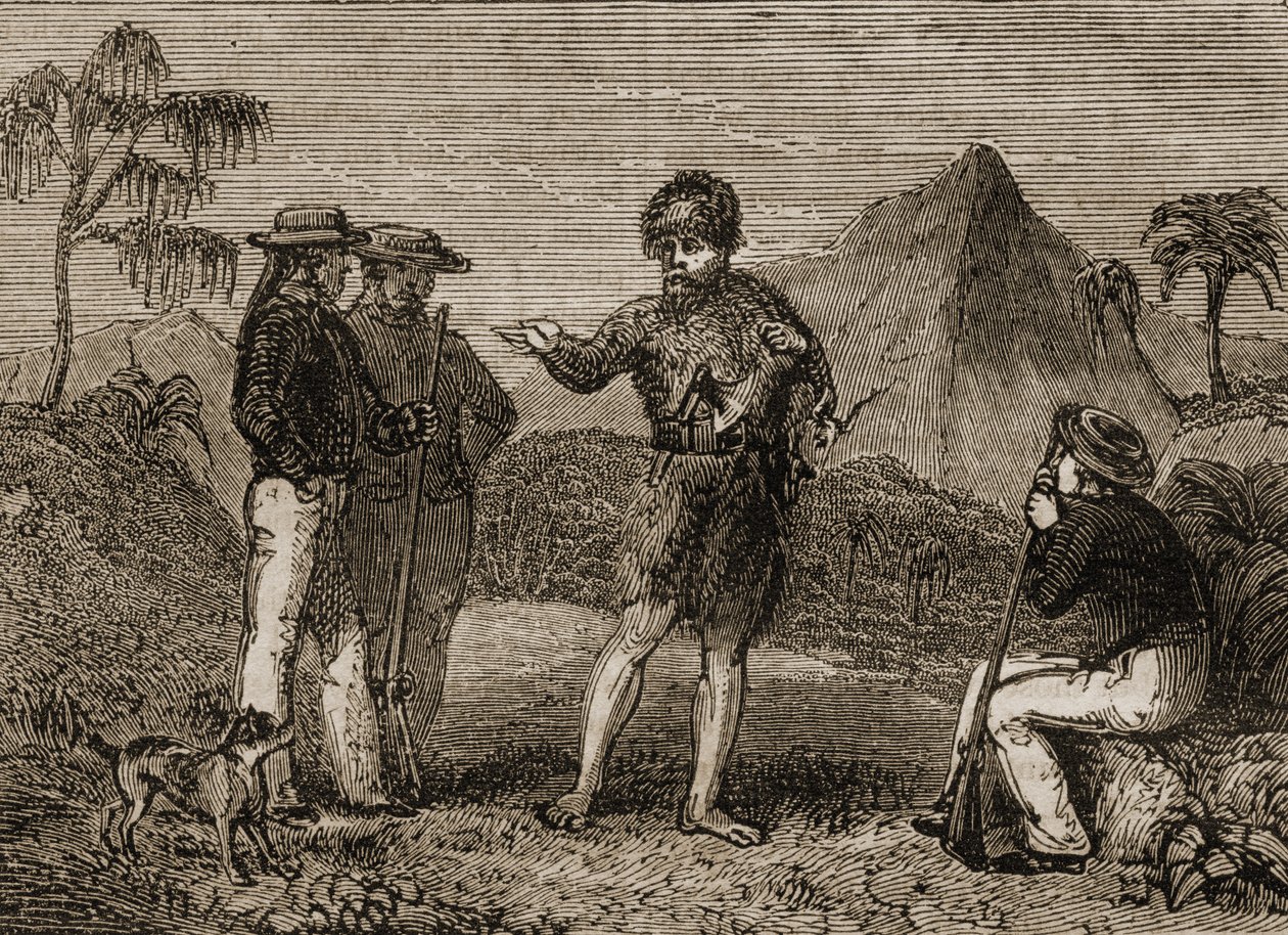 Selkirk és a brit tengerészek, az 1838-ban megjelent „Tales of Travellers or A View of the World” illusztrációja alkotó: English School