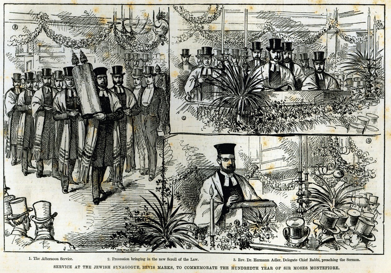 Istentisztelet a Bevis Marks zsidó zsinagógában Sir Moses Montefiore századik évének emlékére, a The Illustrated London News-ból, 1884. november alkotó: English School