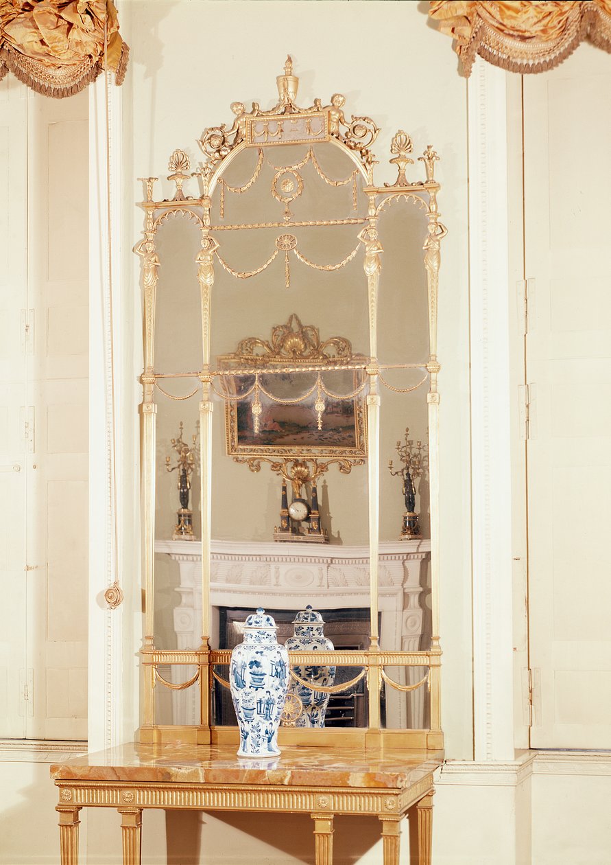 Oldalasztal és mólóüveg, faragott és aranyozott, Robert Adam tervezte, 1777 alkotó: English School